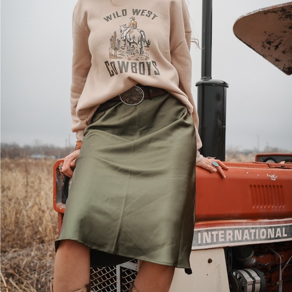 Skirts | New Jewel Smoky Green Satin Midi Skirt Western Boho | Poshmark